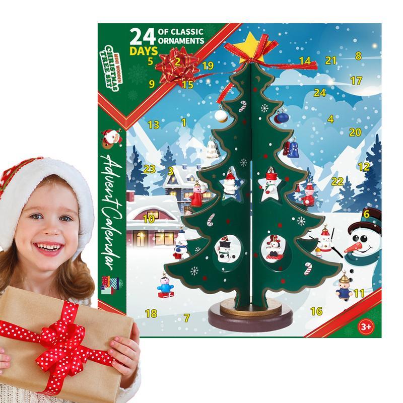 Calendrier de l'Avent de Noël 24 jours avec sapin de Noël en bois et pendentif, calendrier compte à rebours, cadeau de Noël pour garçons, filles et enfants