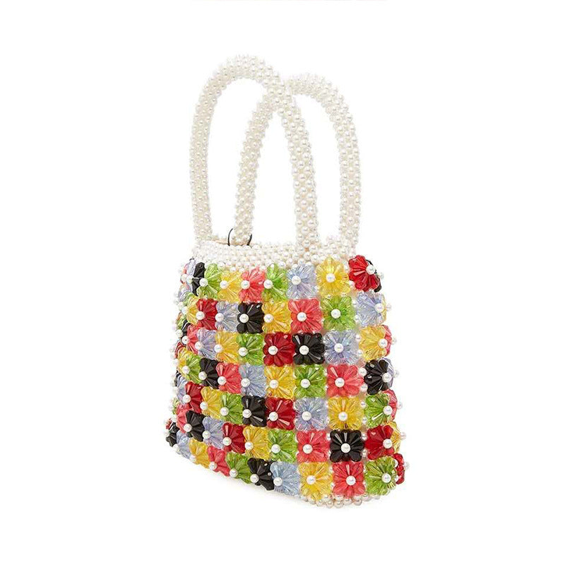 Bolso de perlas trenzado a mano con corazón de flores a la moda para mujer