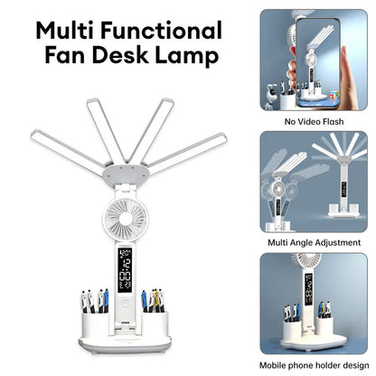 Lampe de table multifonction 3 en 1 LED pliable à quatre têtes avec ventilateur, calendrier, horloge, lampe de bureau rechargeable par USB, lampe de lecture 3 couleurs