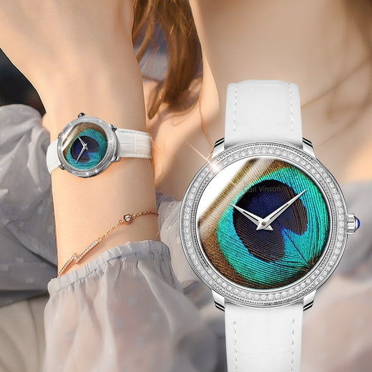 Reloj con cinturón impermeable y esfera de plumas para mujer