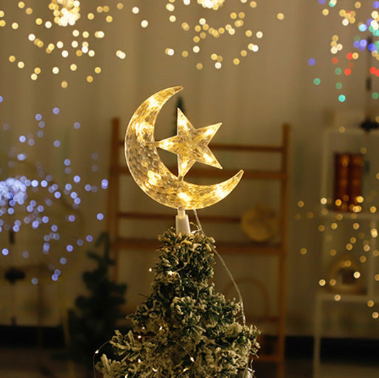 Decoración navideña con forma de luna y estrella y luz para la parte superior del árbol de Navidad