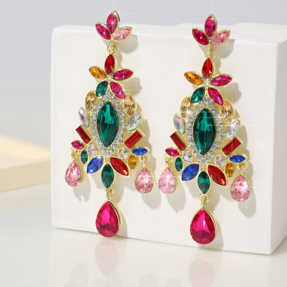 Pendientes de cristal de colores brillantes geométricos con forma de árbol de Navidad de tendencia retro de moda y alta gama, pendientes de lujo ligeros