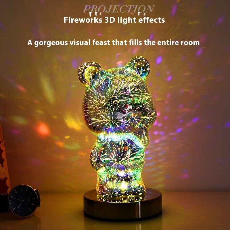 Lampe de chevet USB 3D en verre multicolore avec feu d'artifice et ours en forme de doigt