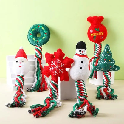 Christmas Cotton Rope Pet Plush Toy Teeth Grinding Bite Resistant Cartoon Dog Toy Snowman Donuts