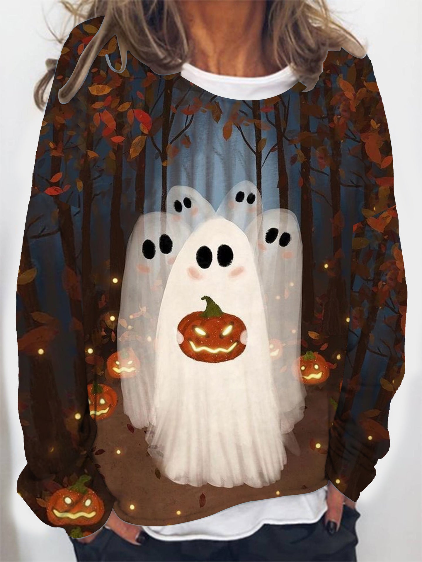 Women's Fashion Digital Halloween Printed Round Neck Long Sleeve Casual Sweatshirt