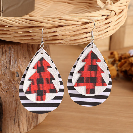 Christmas Series Plaid Striped Bottom Christmas Tree Double-sided Pattern Earrings