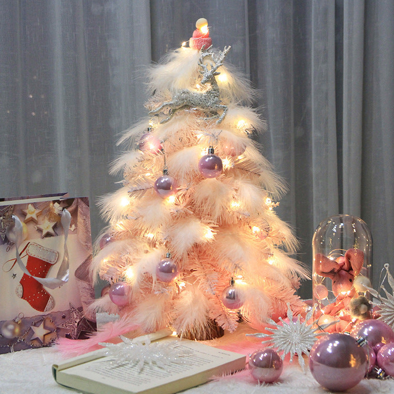 Ornement de noël, petit arbre de bureau, arbre de noël, plumes roses, décoration