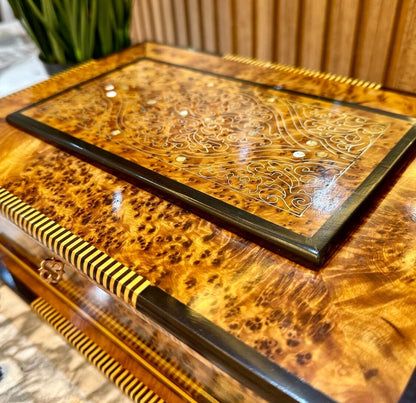 Coffret à bijoux de luxe en bois de ronce de 13 x 8 po incrusté de nacre, coffret cadeau d'anniversaire verrouillable fait à la main avec miroir à l'intérieur, boîte décorative, boîte à souvenirs, cadeau de Noël