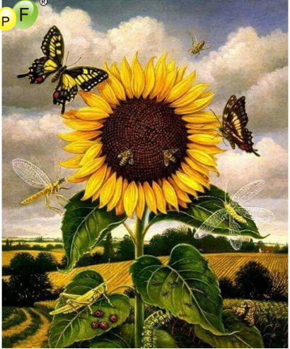 Pintura artesanal 5d de mariposa de girasol, costura con cuentas, mosaico de diamantes, decoración cuadrada para el hogar, bordado de diamantes