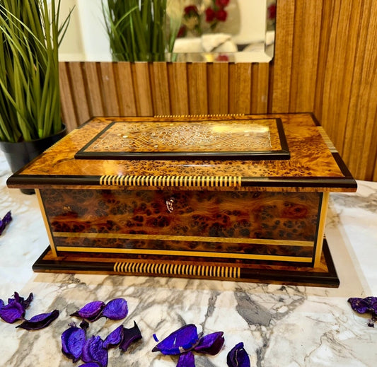 Coffret à bijoux de luxe en bois de ronce de 13 x 8 po incrusté de nacre, coffret cadeau d'anniversaire verrouillable fait à la main avec miroir à l'intérieur, boîte décorative, boîte à souvenirs, cadeau de Noël