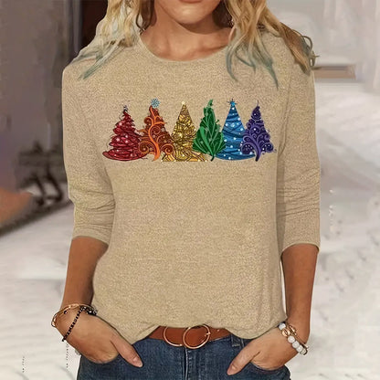 Camiseta de manga larga para mujer con estampado de árbol de Navidad, cuello redondo, holgada e informal