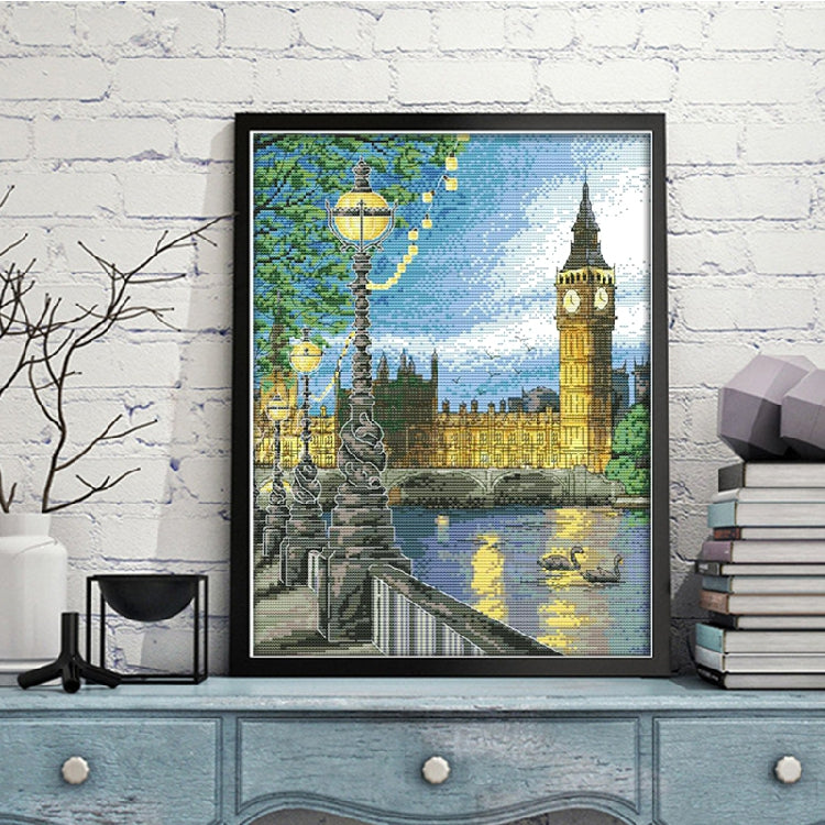 Night view of London bell tower with cross stitch