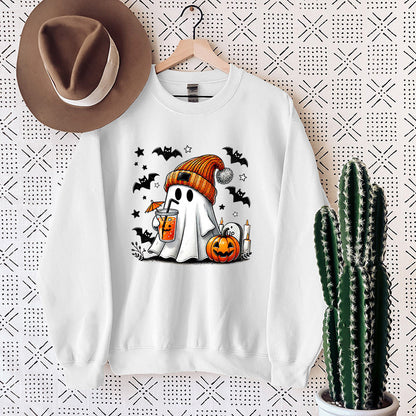 Sudadera de mujer con estampado de murciélago, calabaza y fantasma de Halloween