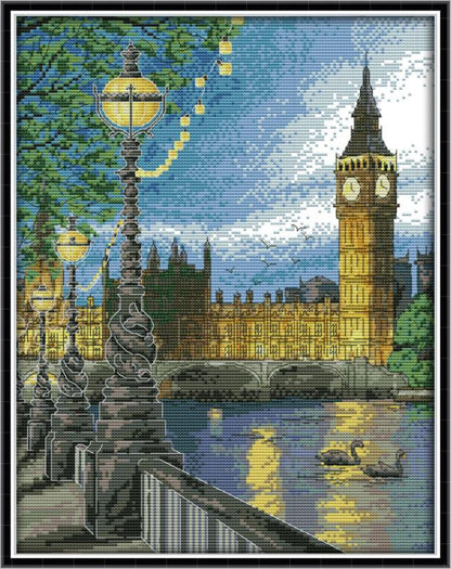 Night view of London bell tower with cross stitch