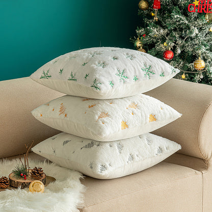 Funda de almohada bordada con árbol de Navidad y copos de nieve de peluche