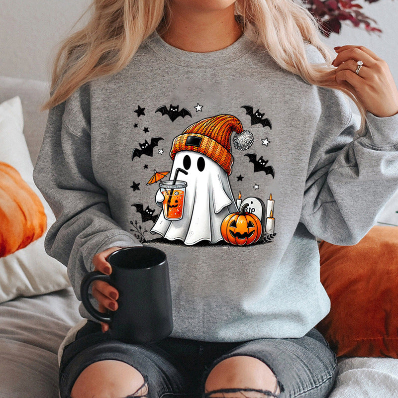 Sudadera de mujer con estampado de murciélago, calabaza y fantasma de Halloween