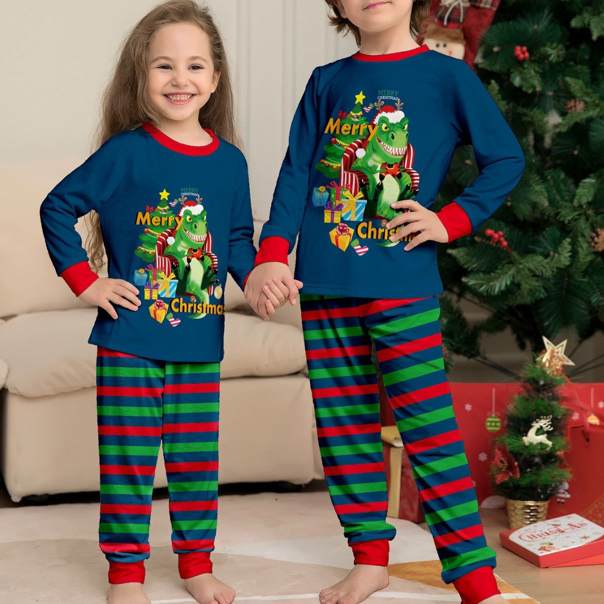 Tyrannosaurus Letter Christmas Tree Printing Parent-child Suit Pajamas