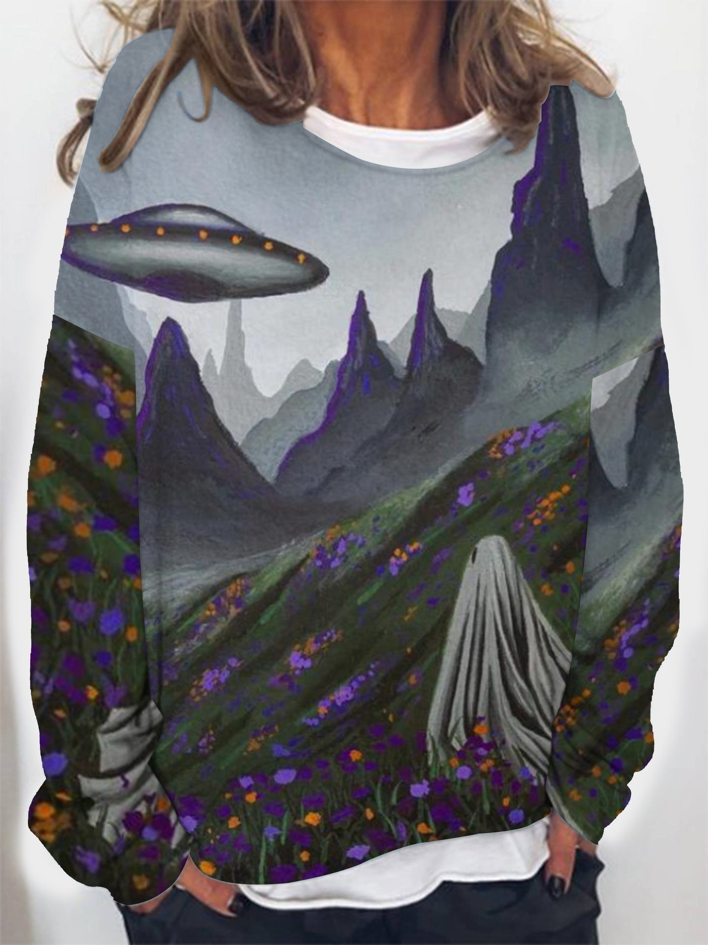 Women's Fashion Digital Halloween Printed Round Neck Long Sleeve Casual Sweatshirt