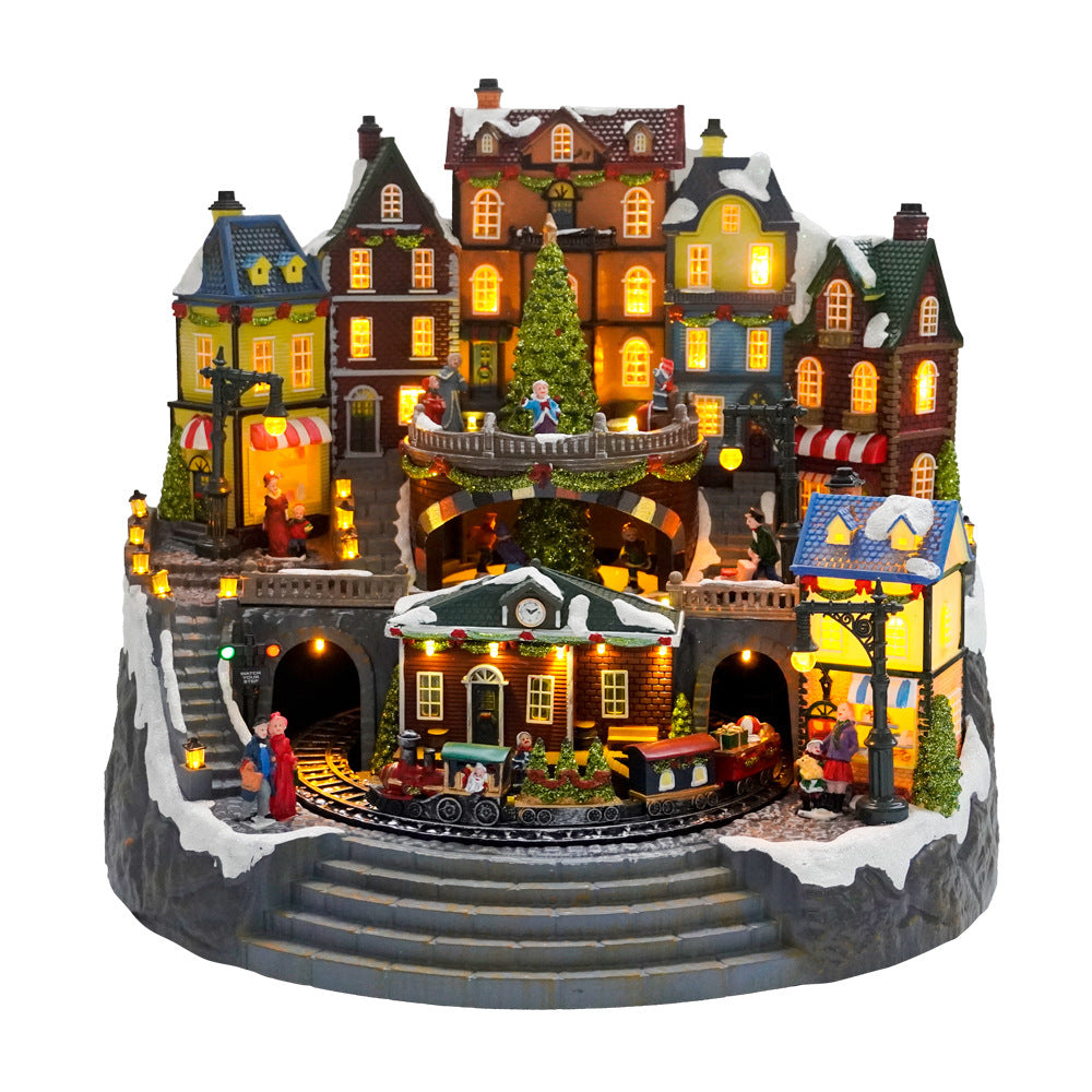 Large Luminous LED Music House With Rotating Train Rotating Christmas Decorations