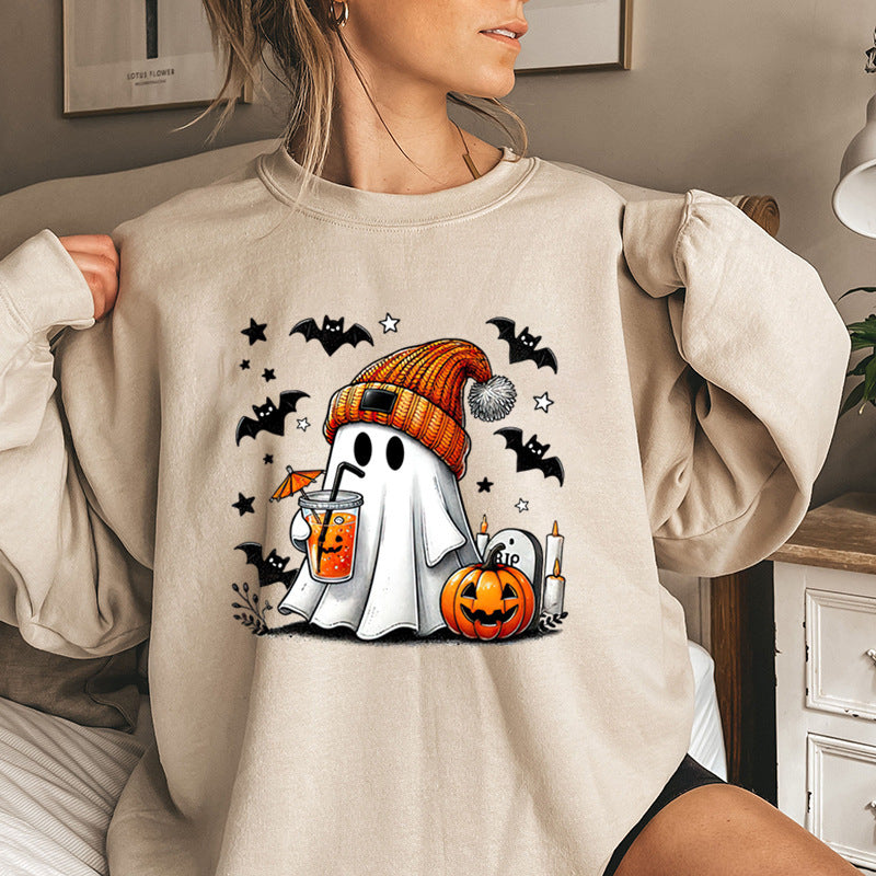 Sudadera de mujer con estampado de murciélago, calabaza y fantasma de Halloween