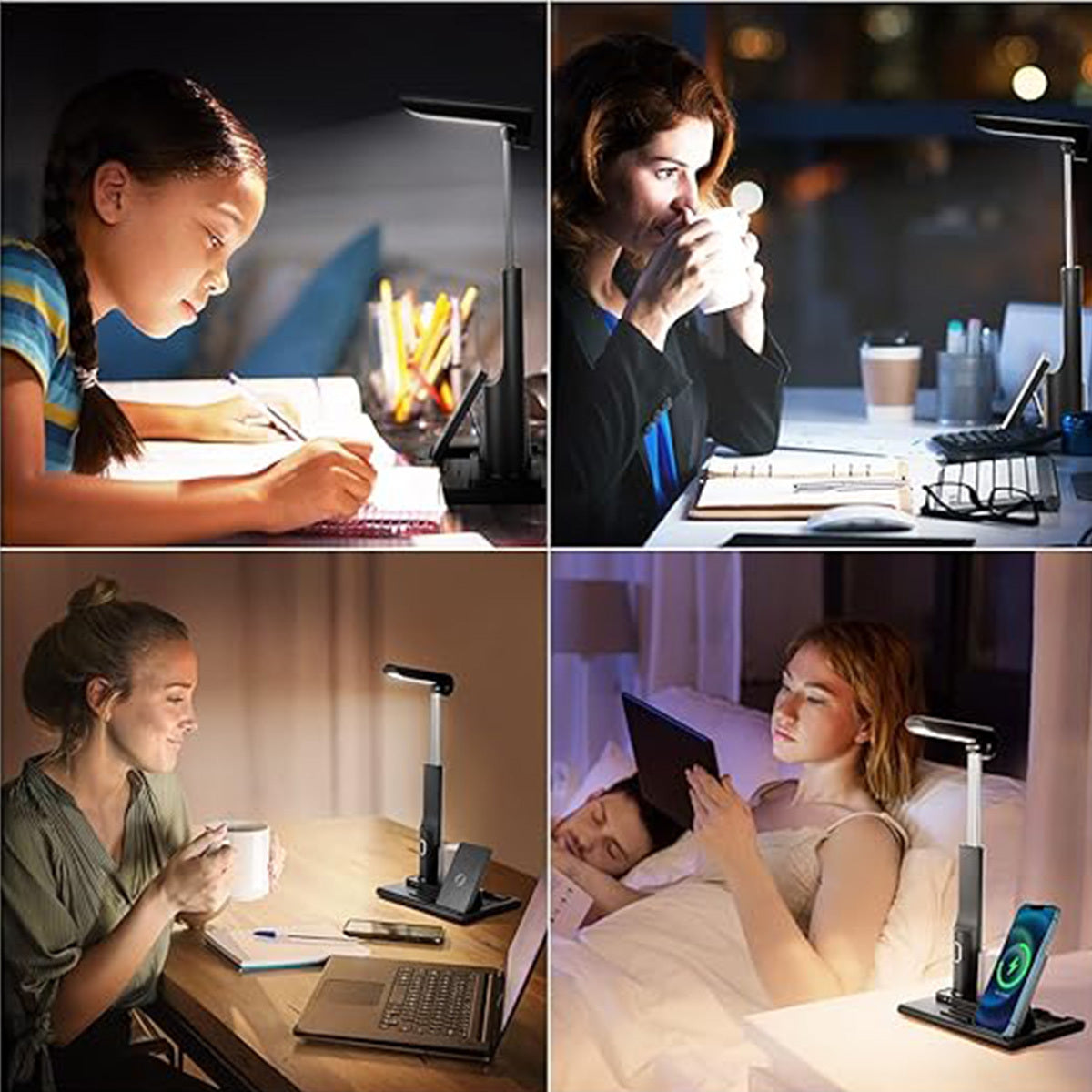 Lampe de bureau LED multifonctionnelle 3 en 1 avec chargeur sans fil rapide 15 W Port de chargement USB Lampe de bureau pour la maison Lampe de bureau pour Android Lampe de lecture d'étude de dortoir Adaptateur non inclus