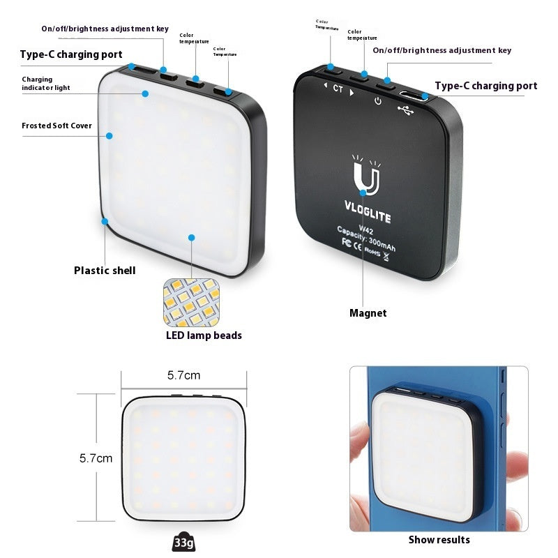 Mini luz de relleno para teléfono móvil W42 para grabación en vivo con imán