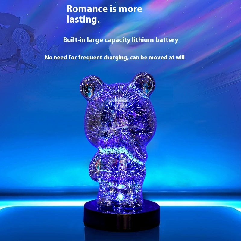 Lampe de chevet USB 3D en verre multicolore avec feu d'artifice et ours en forme de doigt