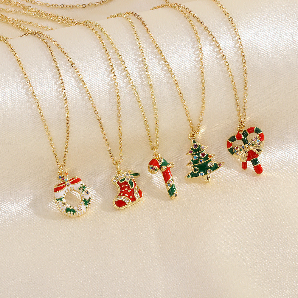 Collier en forme de goutte d'huile avec arbre de Noël, père Noël, élan, bonhomme de neige, avec strass colorés, chaîne de clavicule pour festival, bijoux pour femmes