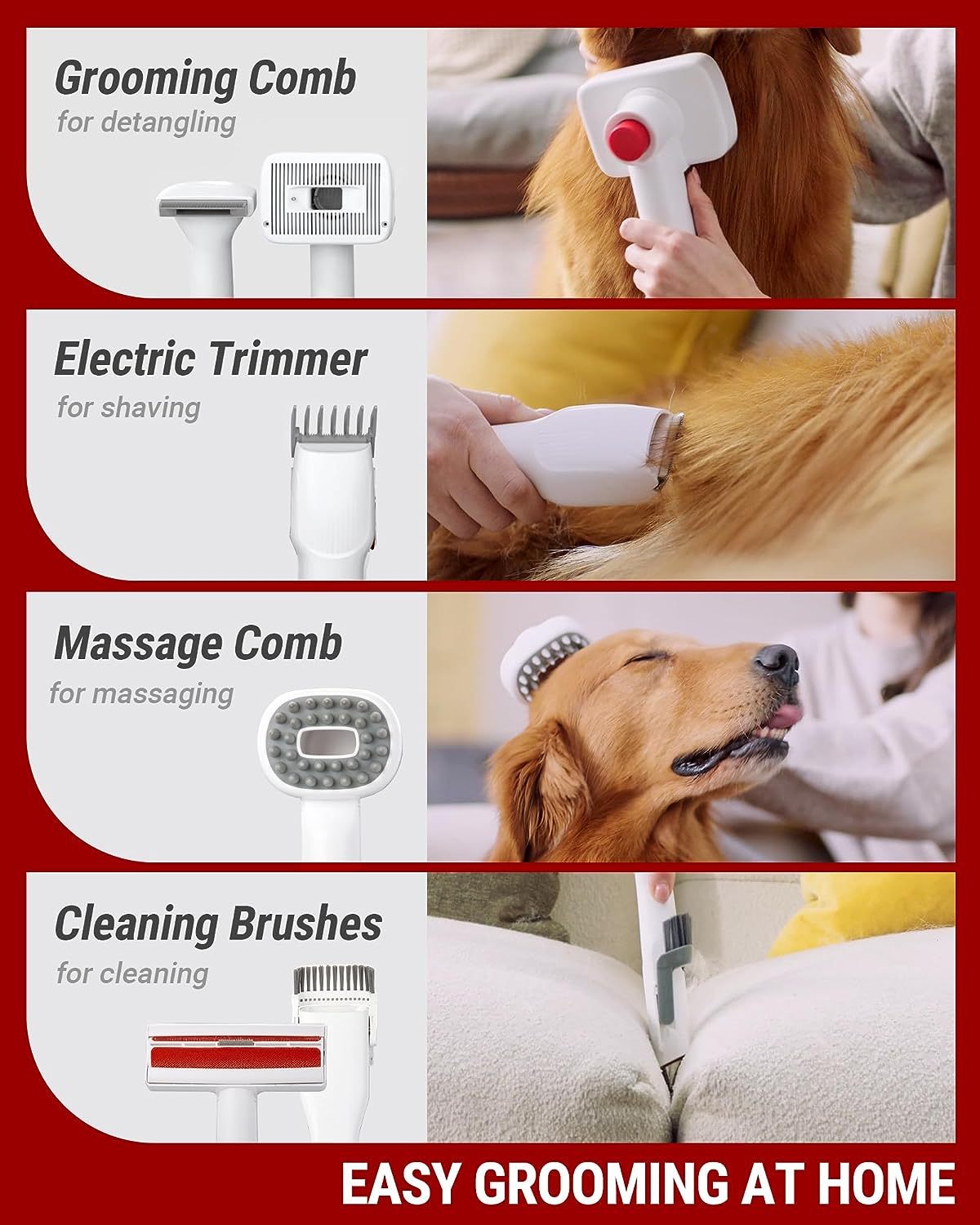 VacLife Aspiradora de pelo para mascotas con cortapelos para perros - Kit multiusos de aseo para perros con cepillos y otras herramientas de aseo para perros y gatos - Silencioso - Blanco y rojo