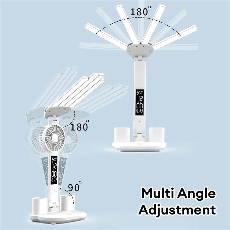 Lampe de table multifonction 3 en 1 LED pliable à quatre têtes avec ventilateur, calendrier, horloge, lampe de bureau rechargeable par USB, lampe de lecture 3 couleurs