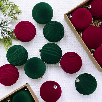 Boule de Noël floquée Pendentif pour sapin de Noël Décorations de boules de Noël floquées rouge vin vert foncé