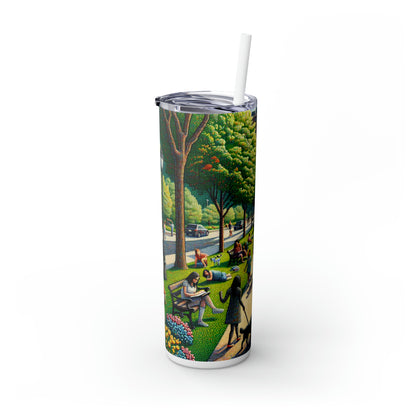 "Dotty Cityscape" - The Alien Maars® Skinny Tumbler with Straw 20oz Pointillism Style