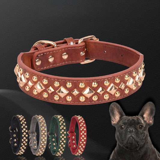 Collier en cuir à rivets, décoration à rivets dorés, collier pour chien de compagnie, s'applique aux chiens de petite, moyenne et grande taille, collier de style rétro 