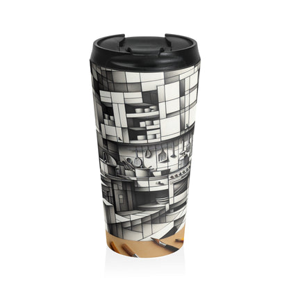 "Collage de cocina cubista" - Taza de viaje de acero inoxidable The Alien estilo cubismo