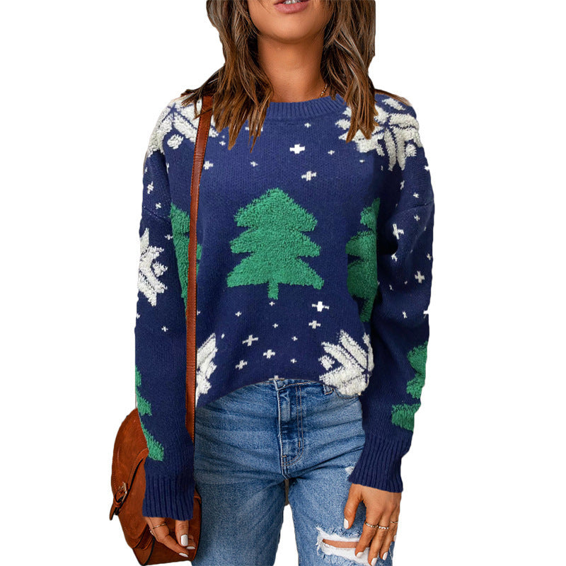 Pull-over décontracté à col rond pour femme avec motif de sapin de Noël brodé et dessin animé