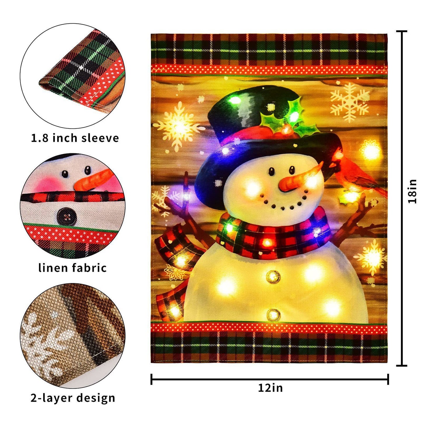 Lighted Christmas Garden Flag For Outside, Led Snowman Garden Flag, Winter Yard Flag 12x18 Double Sided For Outdoor Yard Porch Lawn