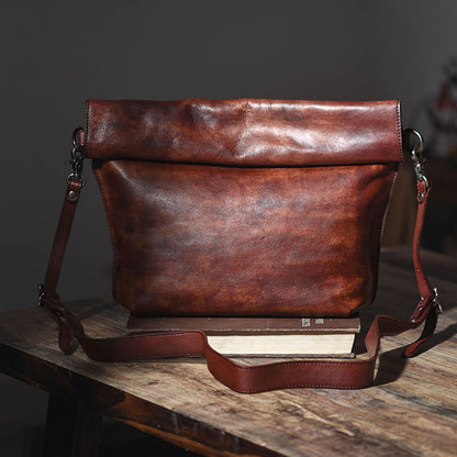 Bolso de hombro hecho a mano de cuero curtido vegetal vintage para hombre