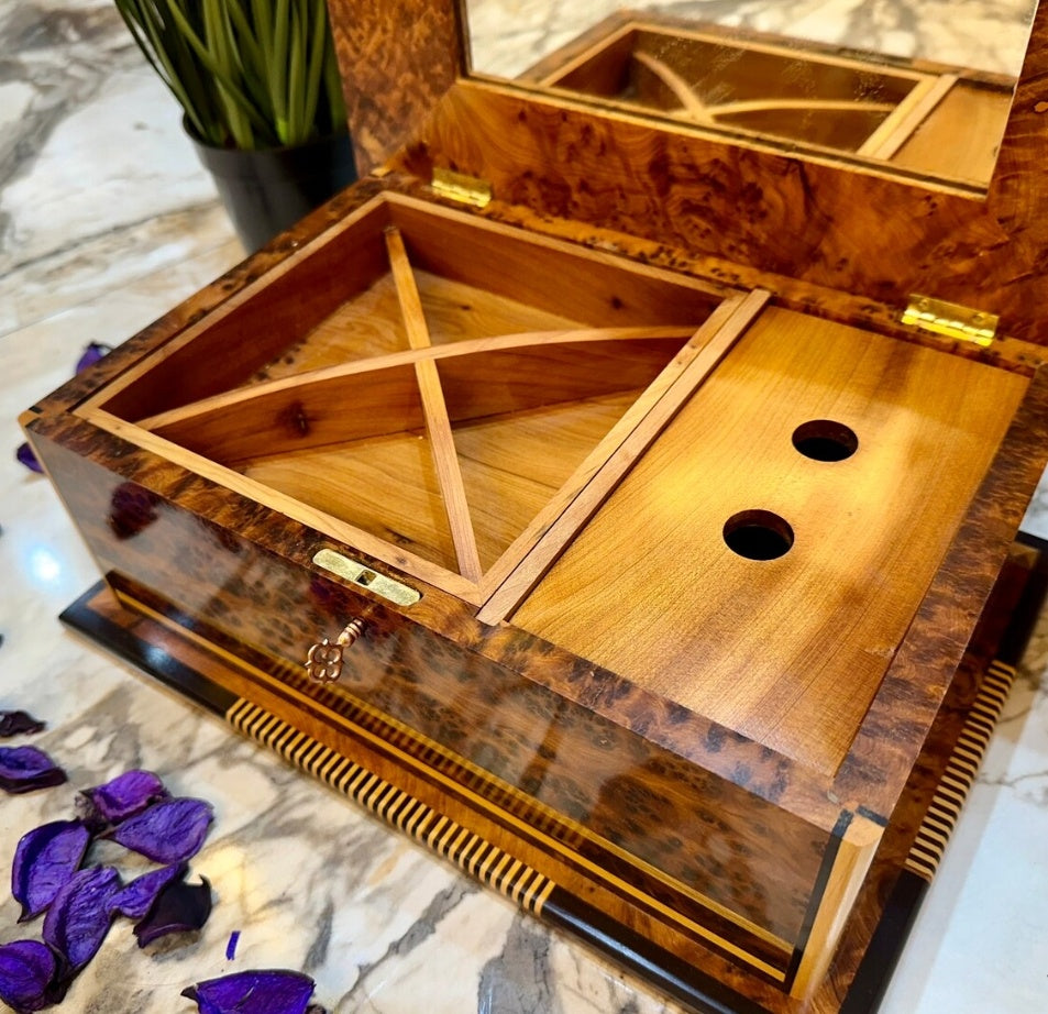 Coffret à bijoux de luxe en bois de ronce de 13 x 8 po incrusté de nacre, coffret cadeau d'anniversaire verrouillable fait à la main avec miroir à l'intérieur, boîte décorative, boîte à souvenirs, cadeau de Noël