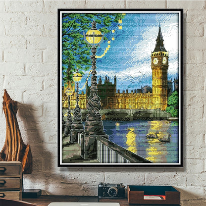 Night view of London bell tower with cross stitch