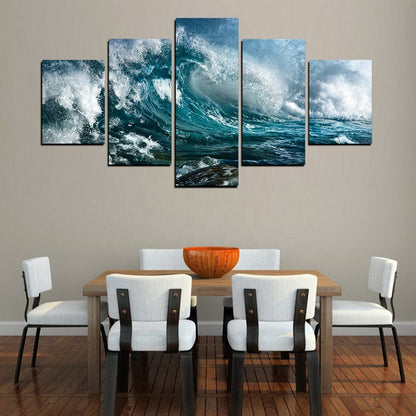 Toile murale avec vagues d'océan, 5 pièces, peinture artistique de paysage marin et de coucher de soleil