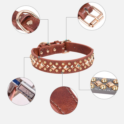 Rivet Leather Collar Golden Rivet Decoration Pet Dog Collar , Apply To Small Medium Large Dogs ,Retro Style Collar