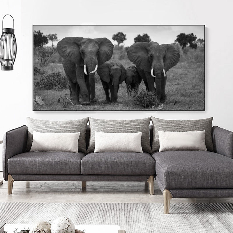 Affiche animale en noir et blanc, Portrait de famille d'éléphant sauvage d'afrique, décoration de maison