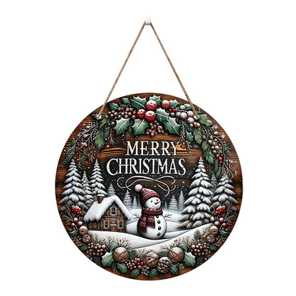 Wooden Merry Christmas Snowman Round Sign Wall Outdoor Courtyard Porch Decoration