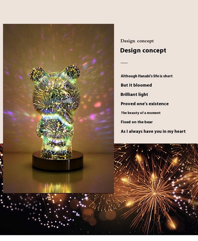 Lampe de chevet USB 3D en verre multicolore avec feu d'artifice et ours en forme de doigt