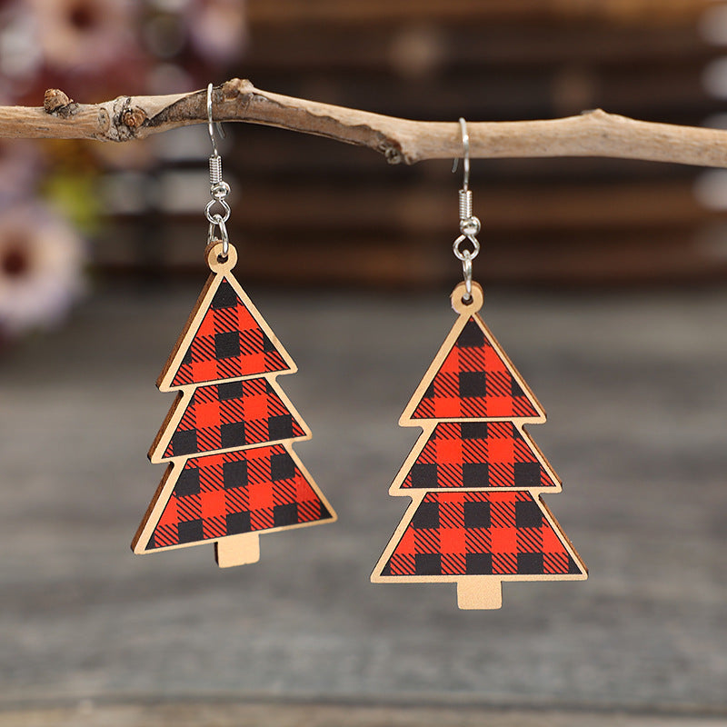 Boucles d'oreilles en bois de sapin de Noël à carreaux rouges