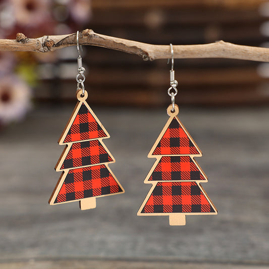 Red Plaid Christmas Tree Wood Earrings