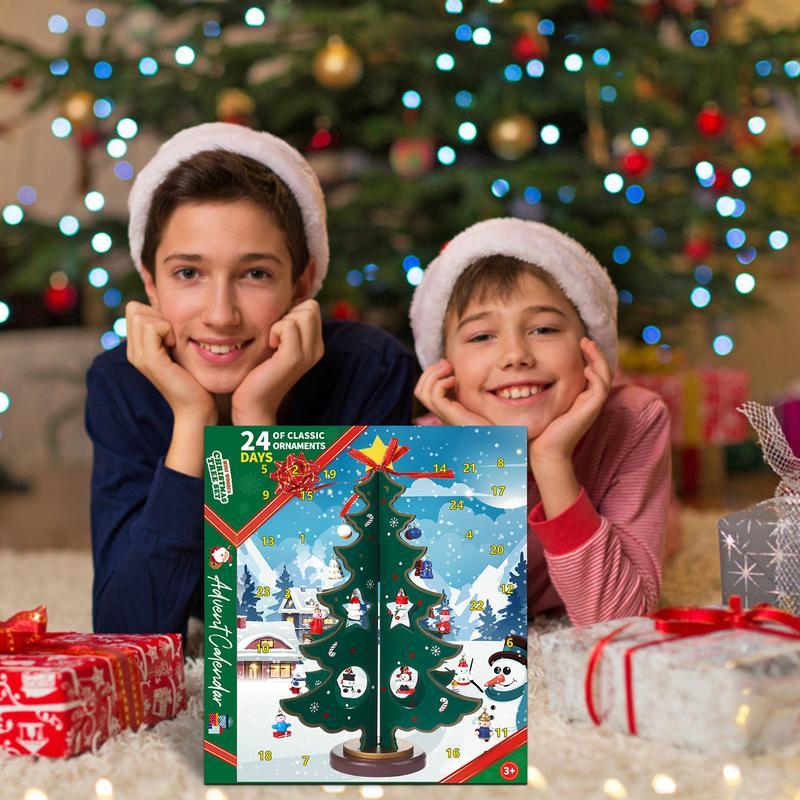 Calendrier de l'Avent de Noël 24 jours avec sapin de Noël en bois et pendentif, calendrier compte à rebours, cadeau de Noël pour garçons, filles et enfants