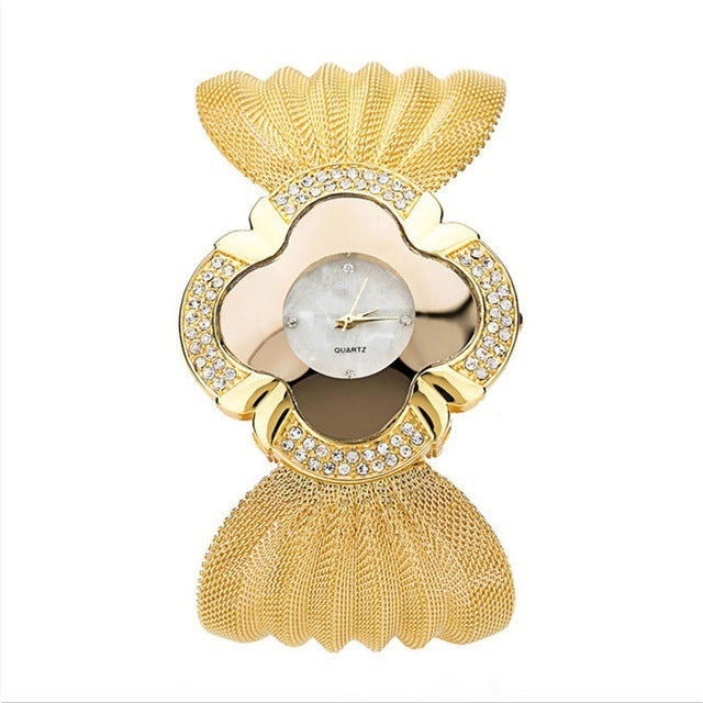 Flower shape mirror dial diamond mesh strap watch