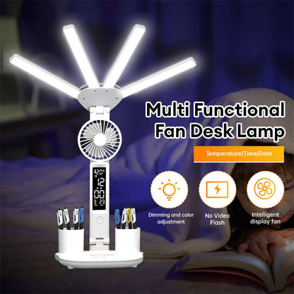 Lampe de table multifonction 3 en 1 LED pliable à quatre têtes avec ventilateur, calendrier, horloge, lampe de bureau rechargeable par USB, lampe de lecture 3 couleurs