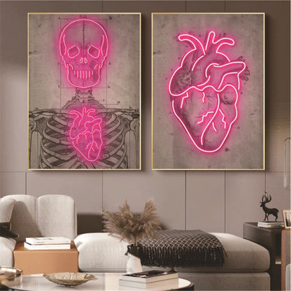 Abstract Neon Heart Skeleton Artwork Decorative Painting